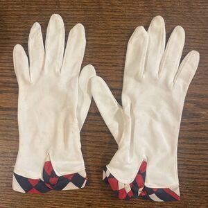 Vintage White Church Gloves Red White Blue Ruffle Wrist Slit Cute One Size USA